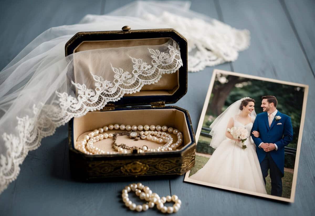 A vintage lace veil draped over an antique jewelry box filled with heirloom pearls and a faded photograph of a couple on their wedding day