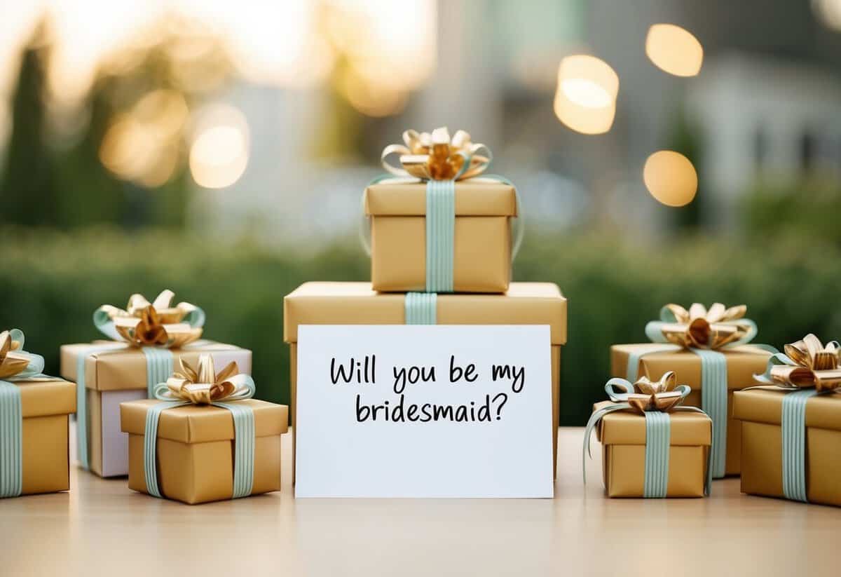 A group of beautifully wrapped gift boxes arranged on a table with a handwritten note asking "Will you be my bridesmaid?"