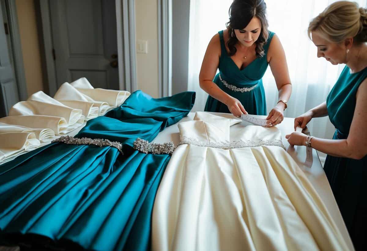 Bridesmaids' dresses laid out neatly on a table, with a seamstress measuring fabric for final alterations