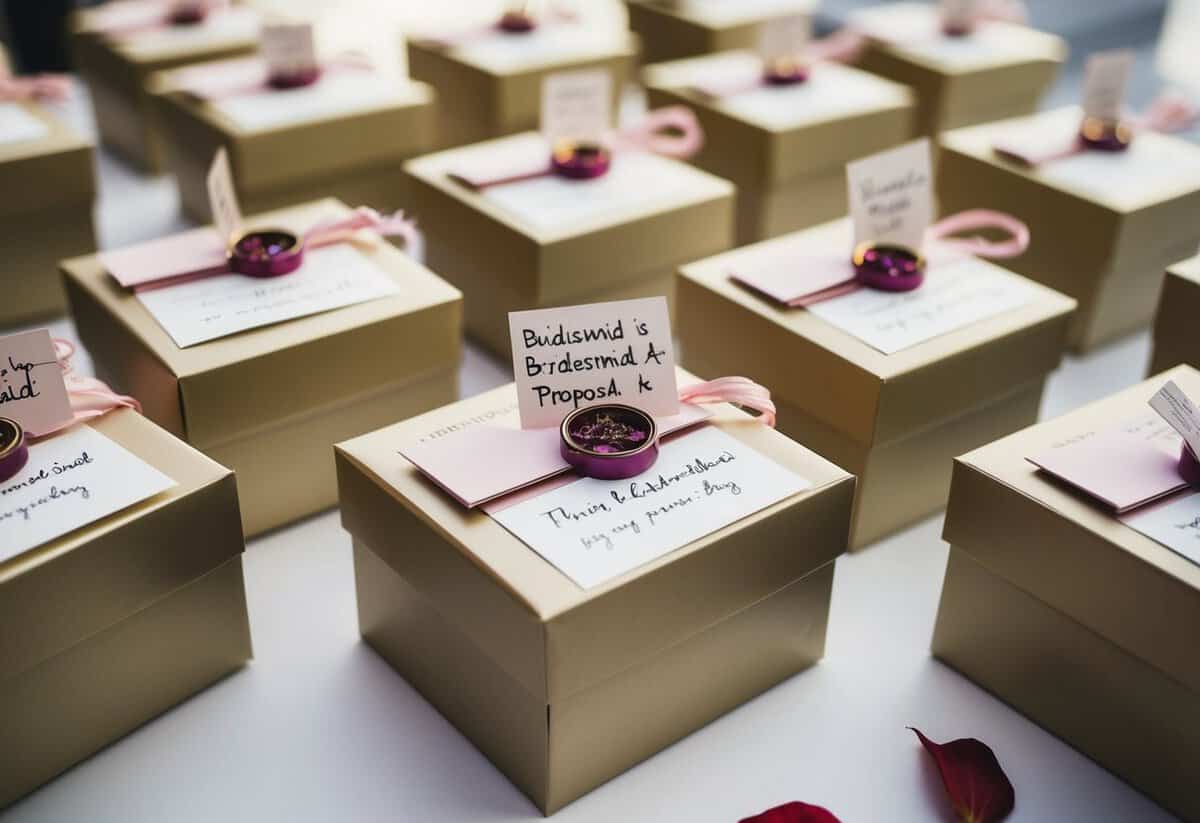A group of bridesmaid proposal boxes arranged on a table, filled with personalized gifts and a handwritten note