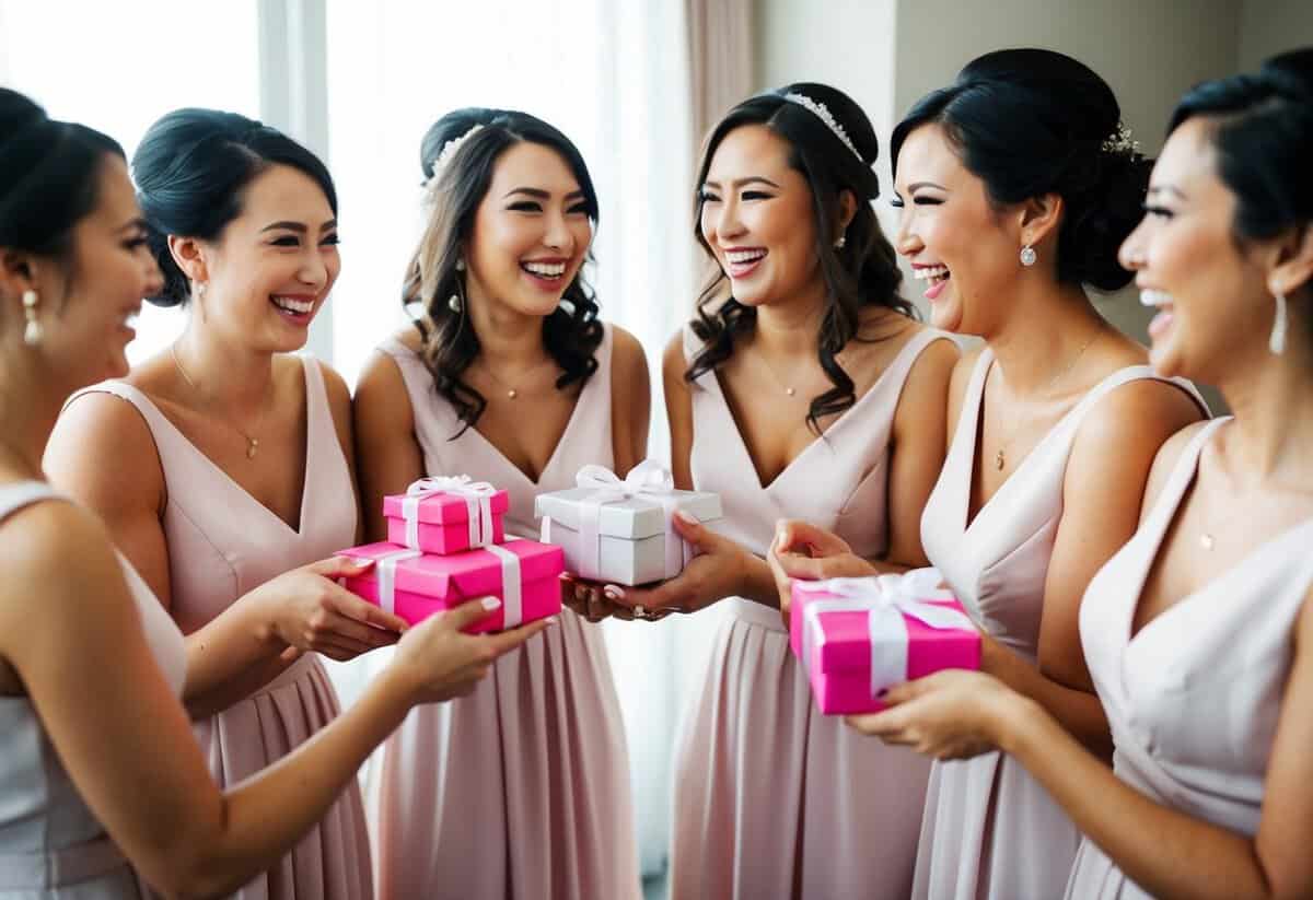 A group of bridesmaids exchanging gifts at a pre-wedding event, with laughter and excitement in the air