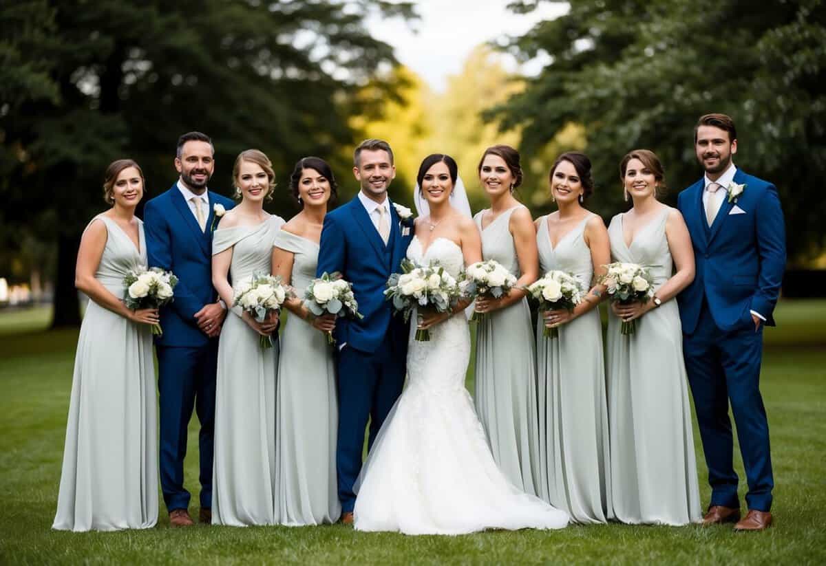 A group of bridesmaids and groomsmen stand together, with the groom's sister included among the bridesmaids. They are all dressed in elegant wedding attire