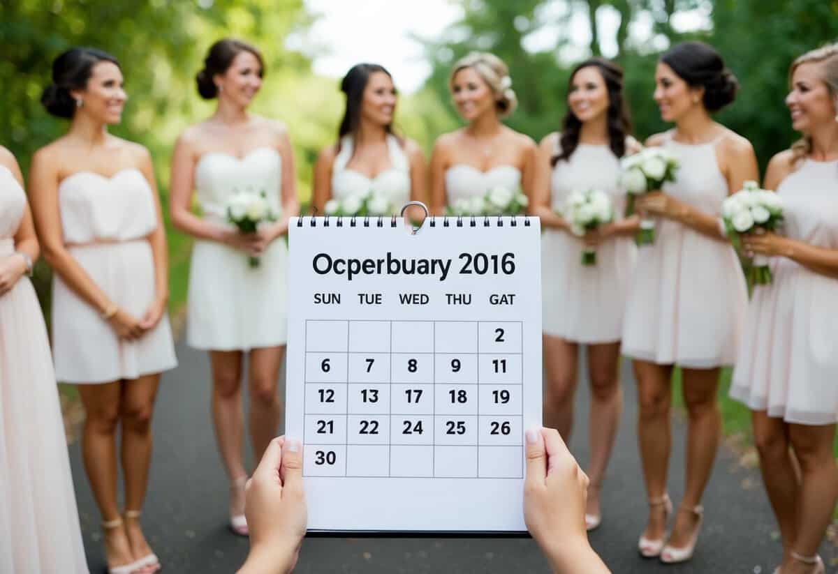 A calendar with a blank wedding date page, surrounded by a group of potential bridesmaids waiting to be asked