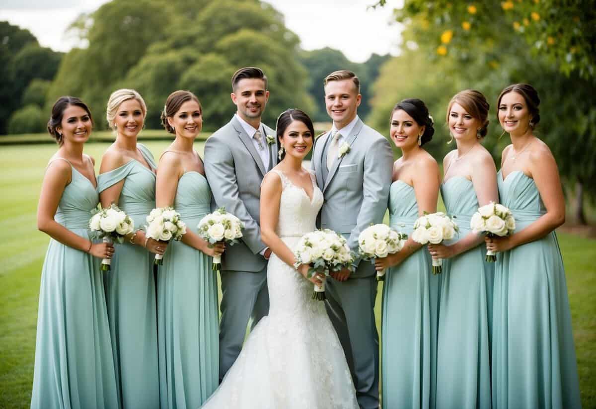 A group of bridesmaids and groomsmen stand together, with the groom's sister included among the bridesmaids, all dressed in elegant wedding attire