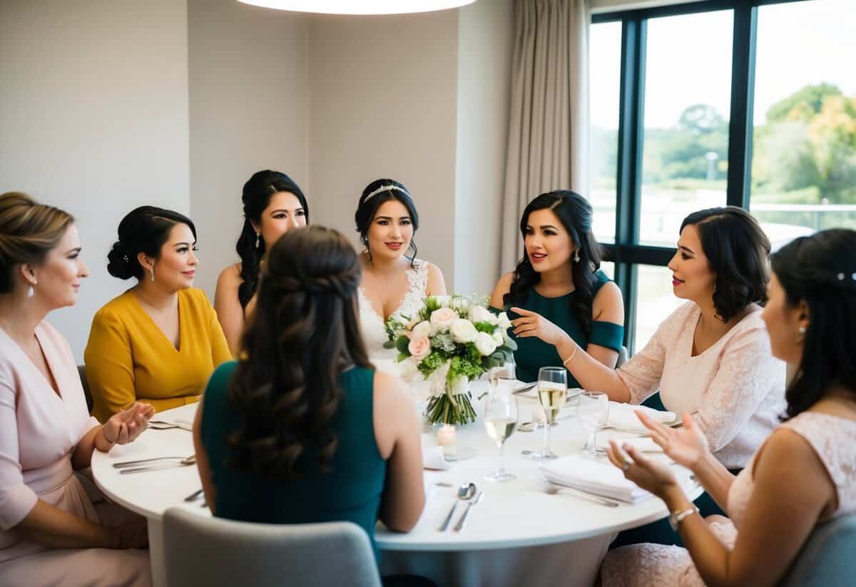 A group of women gathered around a table, discussing and debating the question of whether the groom's sister should be a bridesmaid