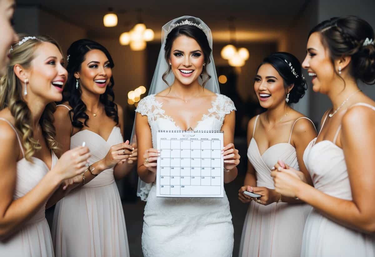 A bride-to-be holding a calendar, surrounded by her excited bridesmaids while discussing wedding details
