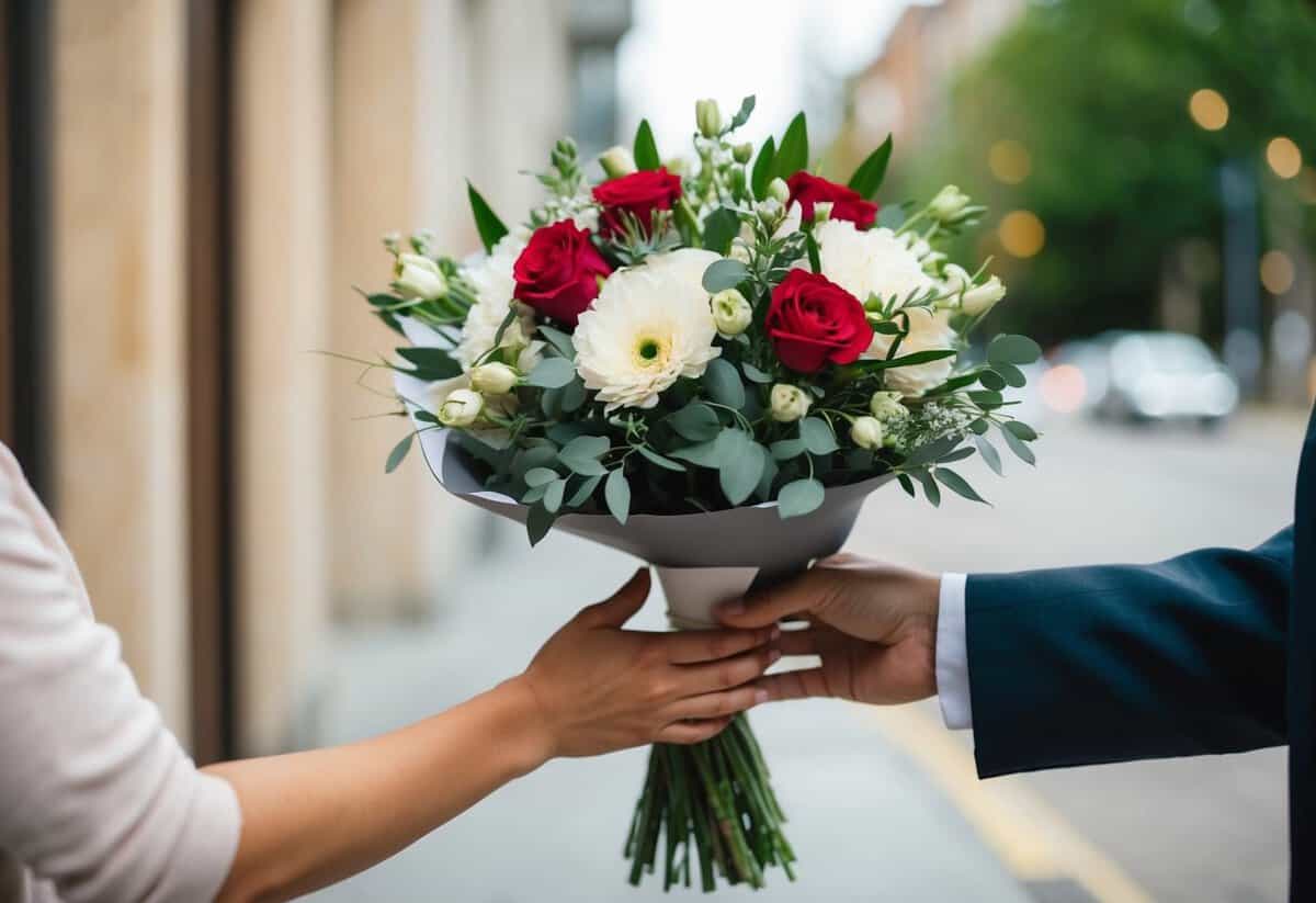 A bouquet of flowers being handed to someone