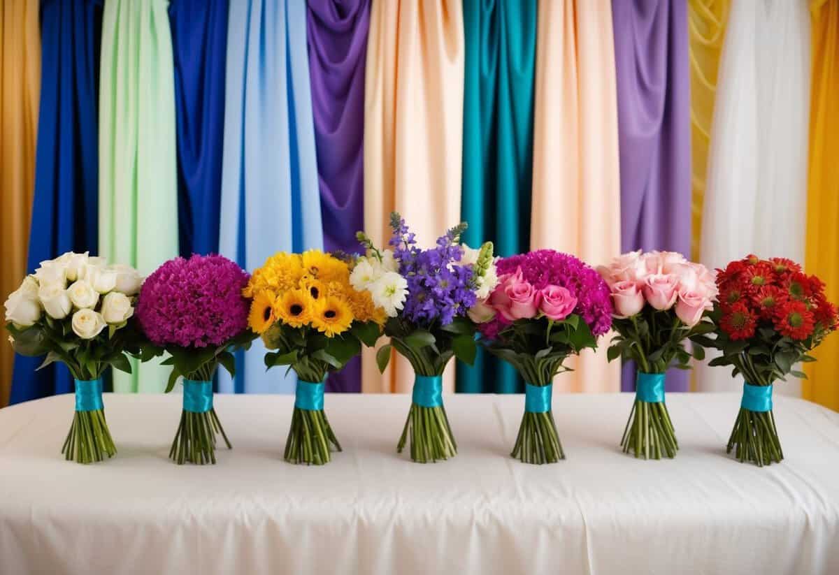 Seven bouquets of flowers arranged in a row, each with a different color scheme, set against a backdrop of flowing fabric