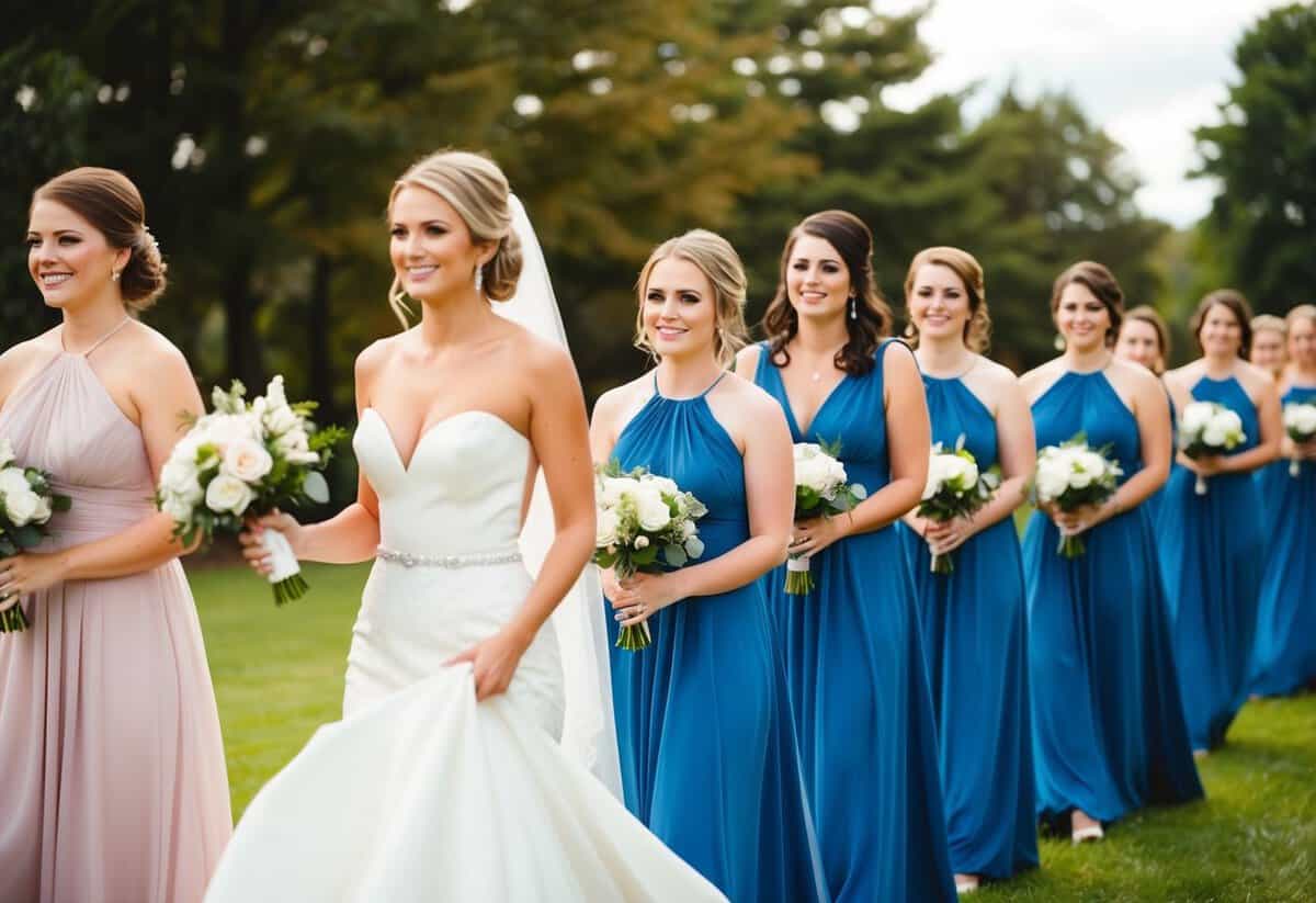 A line of bridesmaids walking down the aisle, with the last one holding the bride's train