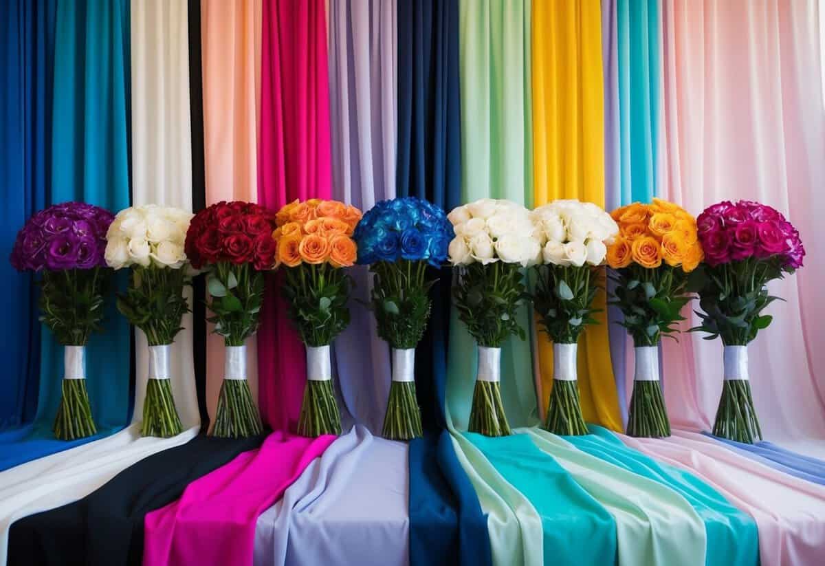 A group of seven identical bouquets arranged in a line, each with a different color scheme, set against a backdrop of flowing fabric