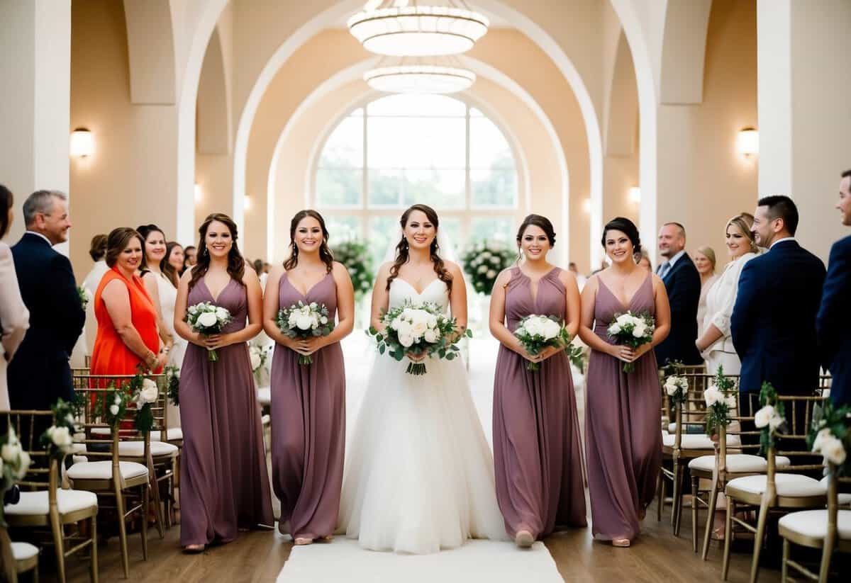 Bridesmaids walk ahead of the bride, leading the wedding processional down the aisle