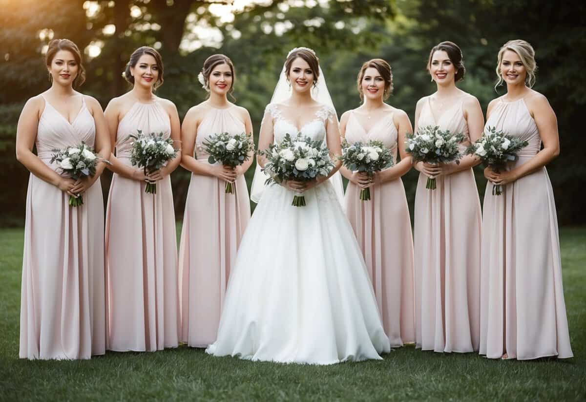 A bride standing in front of six bridesmaids in matching dresses, arranged in a semi-circle with the bride in the center