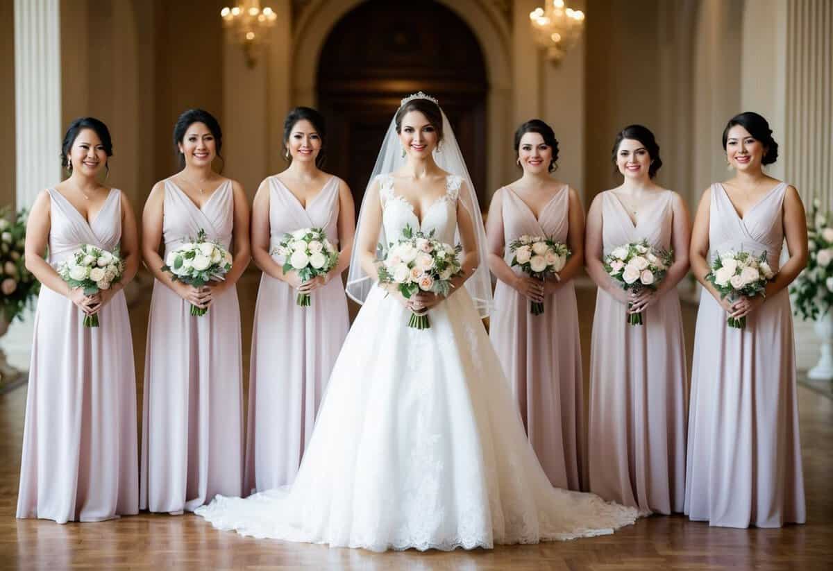 A bride stands surrounded by seven bridesmaids, each holding a bouquet, in a grand and elegant setting