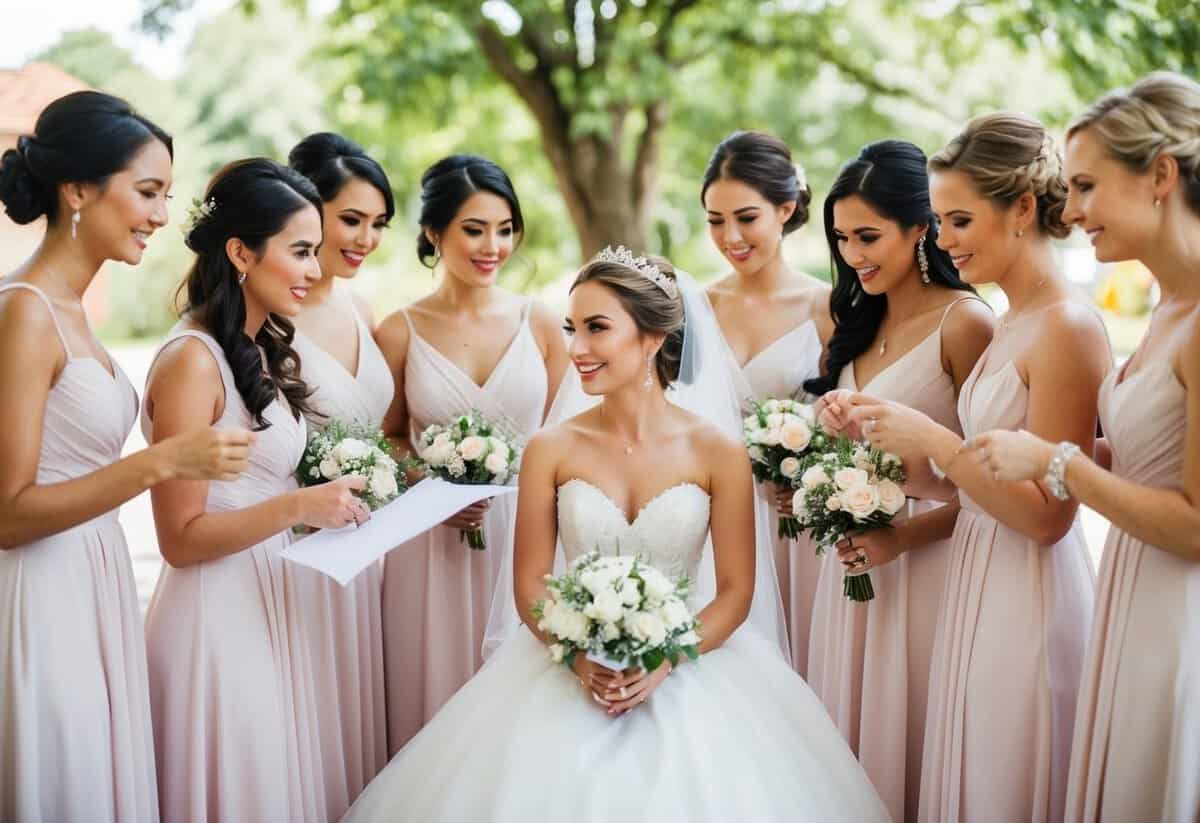 A bride surrounded by seven bridesmaids, discussing wedding details and making plans for the ceremony