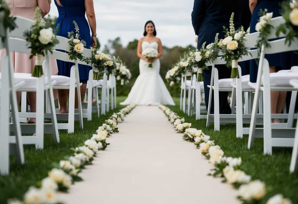 A lone figure stands at the end of a flower-lined aisle, ready to lead the way