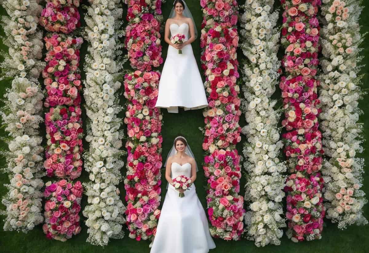 A group of 100 flowers arranged in pairs, with each pair representing a bride and her bridesmaid