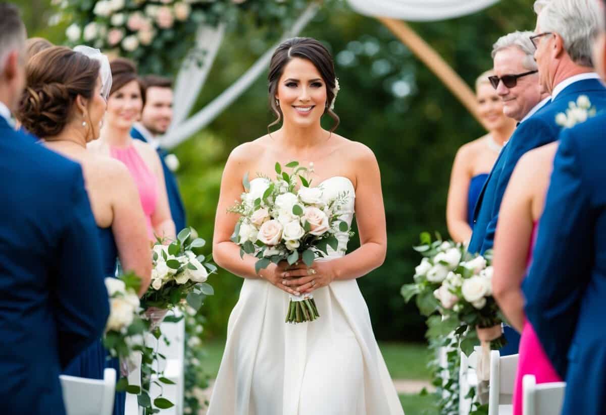 The Maid of Honor walks down the aisle with confidence and grace, holding a bouquet of flowers. She radiates elegance and support for the bride
