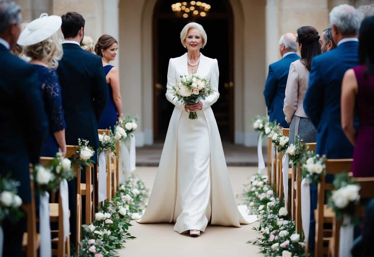 A lone figure, dressed in elegant attire, walks with grace and poise, carrying a bouquet of flowers while making her way down the aisle