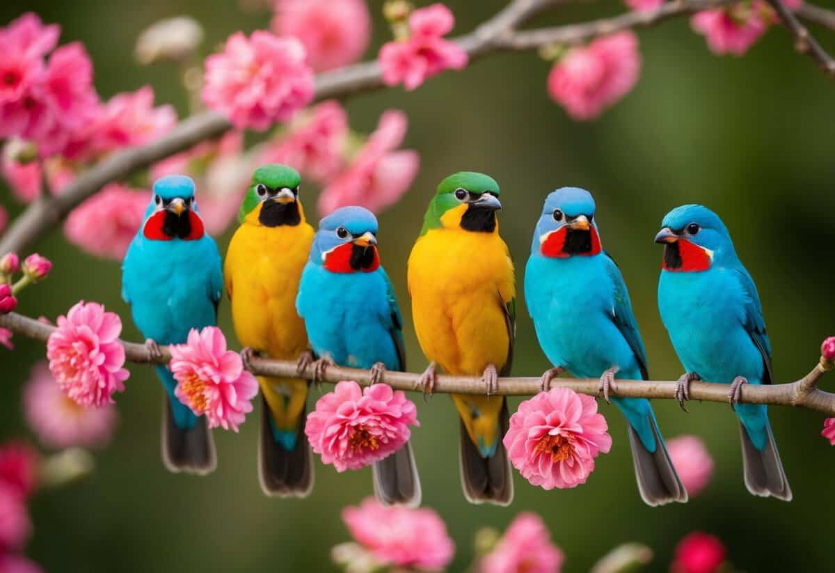 A group of colorful birds perched on flowering branches, wearing matching accessories