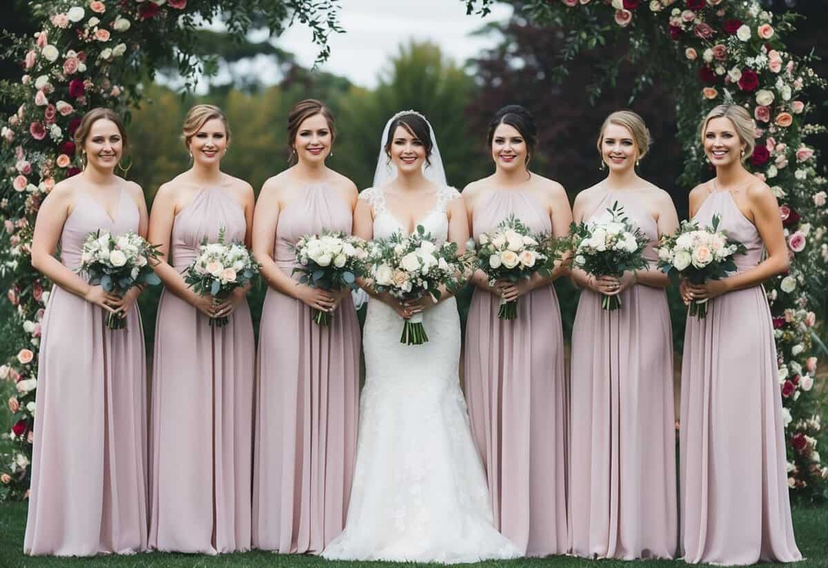 Seven bridesmaids holding bouquets in a line, standing in front of a floral archway