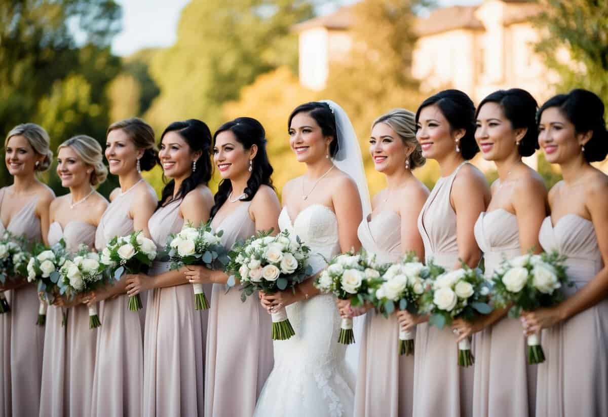 A group of elegantly dressed women stand alongside the bride, holding bouquets and smiling as they await the start of the wedding ceremony