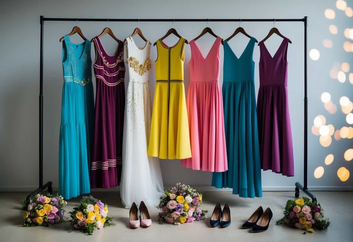 Seven colorful dresses hanging on a rack, each with unique details and styles. Bouquets of flowers and scattered shoes on the floor