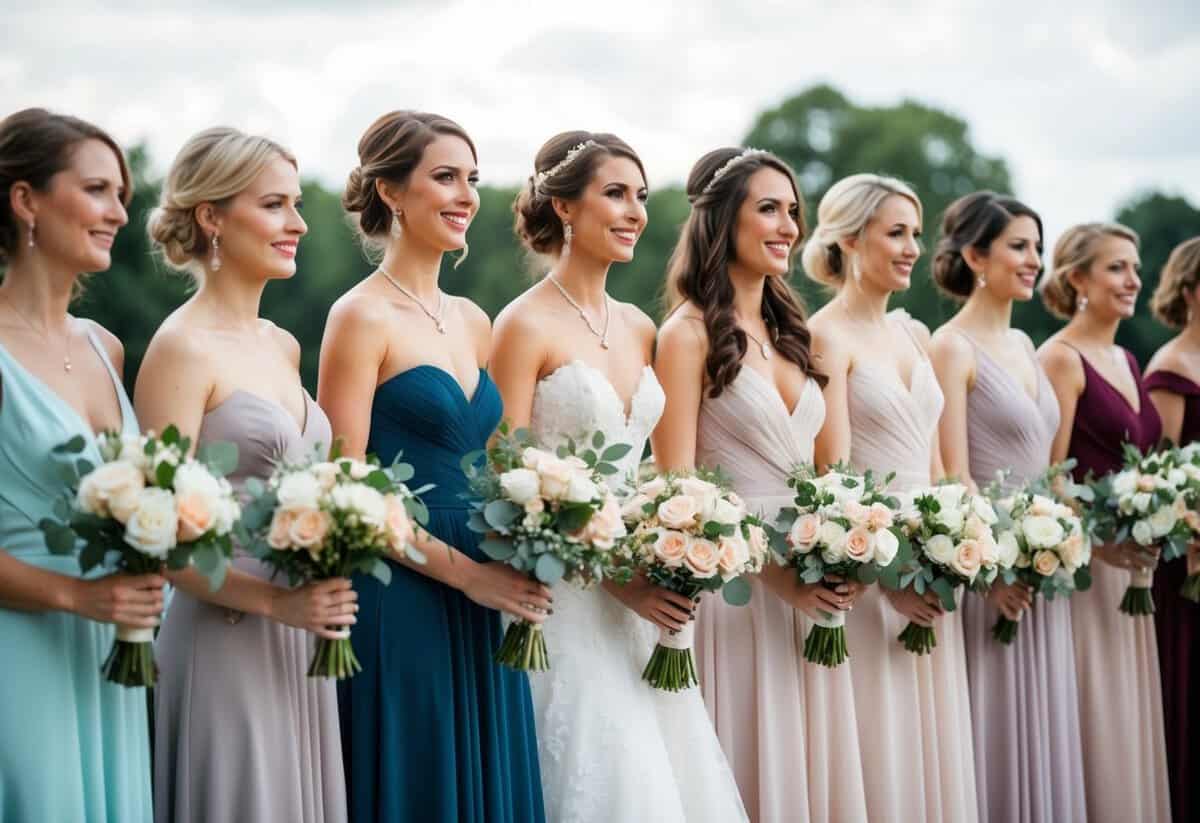 A group of women in elegant dresses and bouquets, standing together in a line, with a focus on their attire and accessories