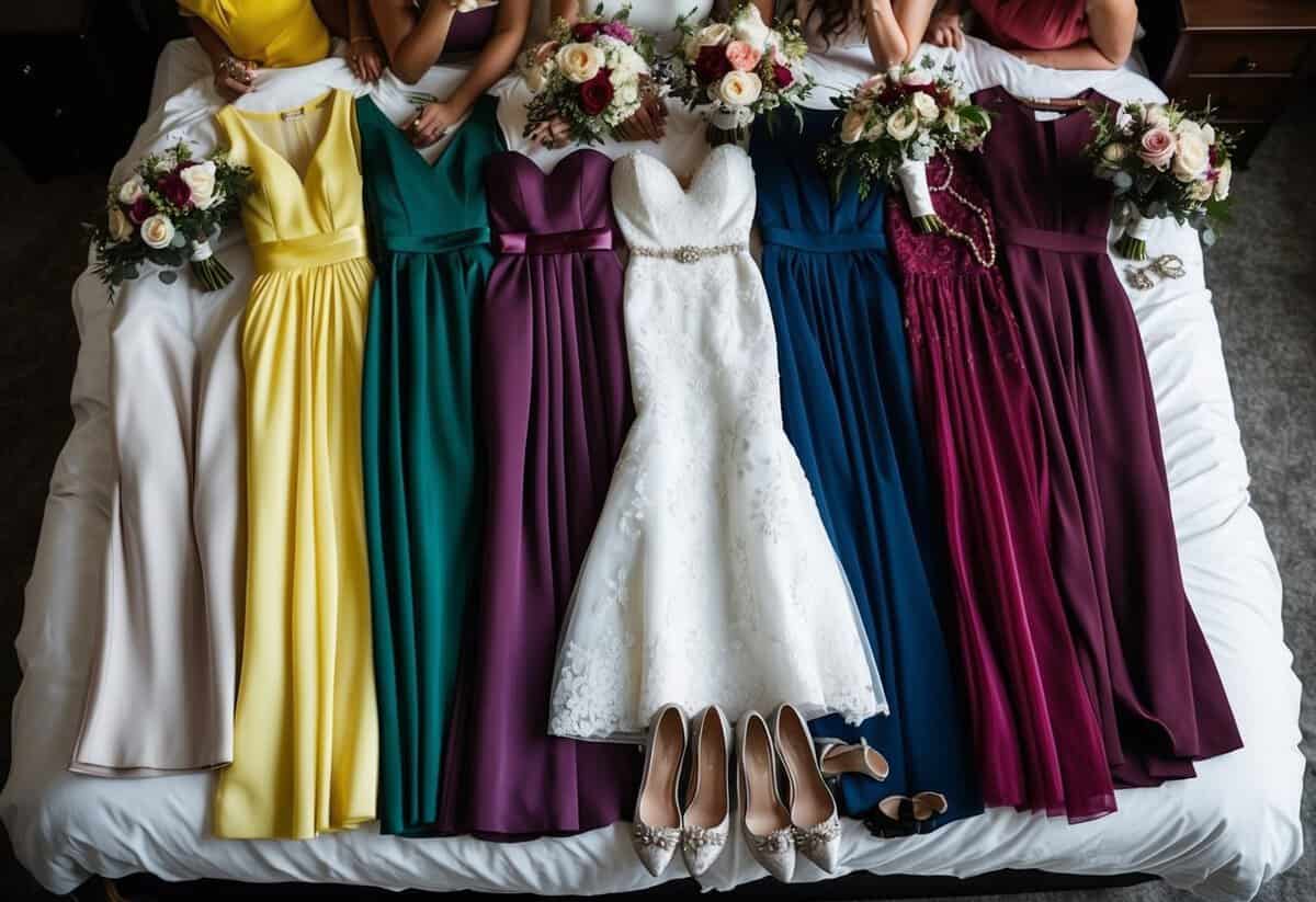 Seven bridesmaid dresses in various colors and styles laid out on a bed, surrounded by shoes, jewelry, and bouquets