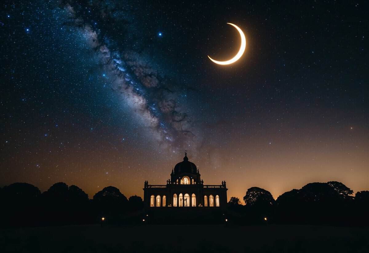 A dark sky with twinkling stars, a glowing crescent moon, and a silhouette of a grand, ornate wedding venue