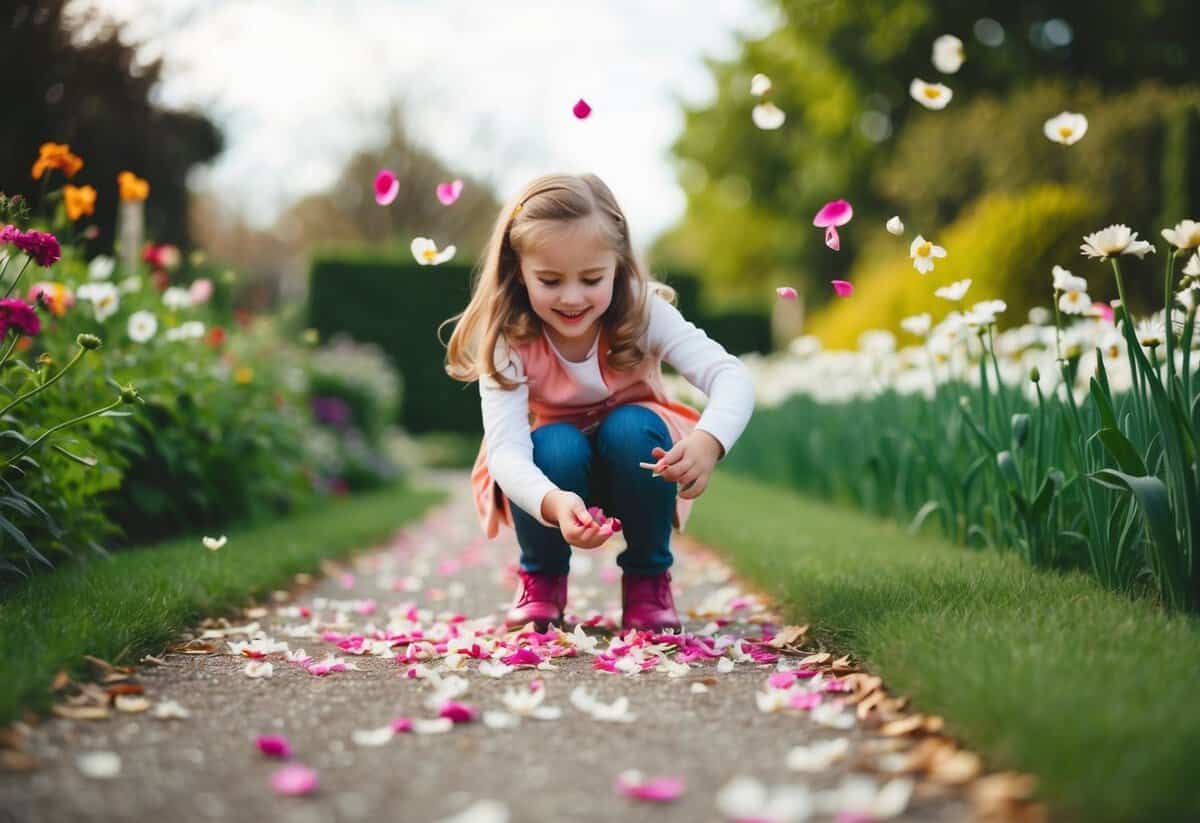 A young girl, around 5-10 years old, happily scattering flower petals along a garden path