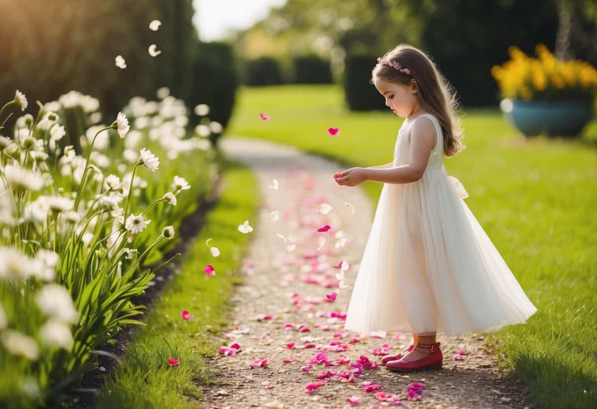 A young girl in a flowing dress, scattering flower petals along a garden path