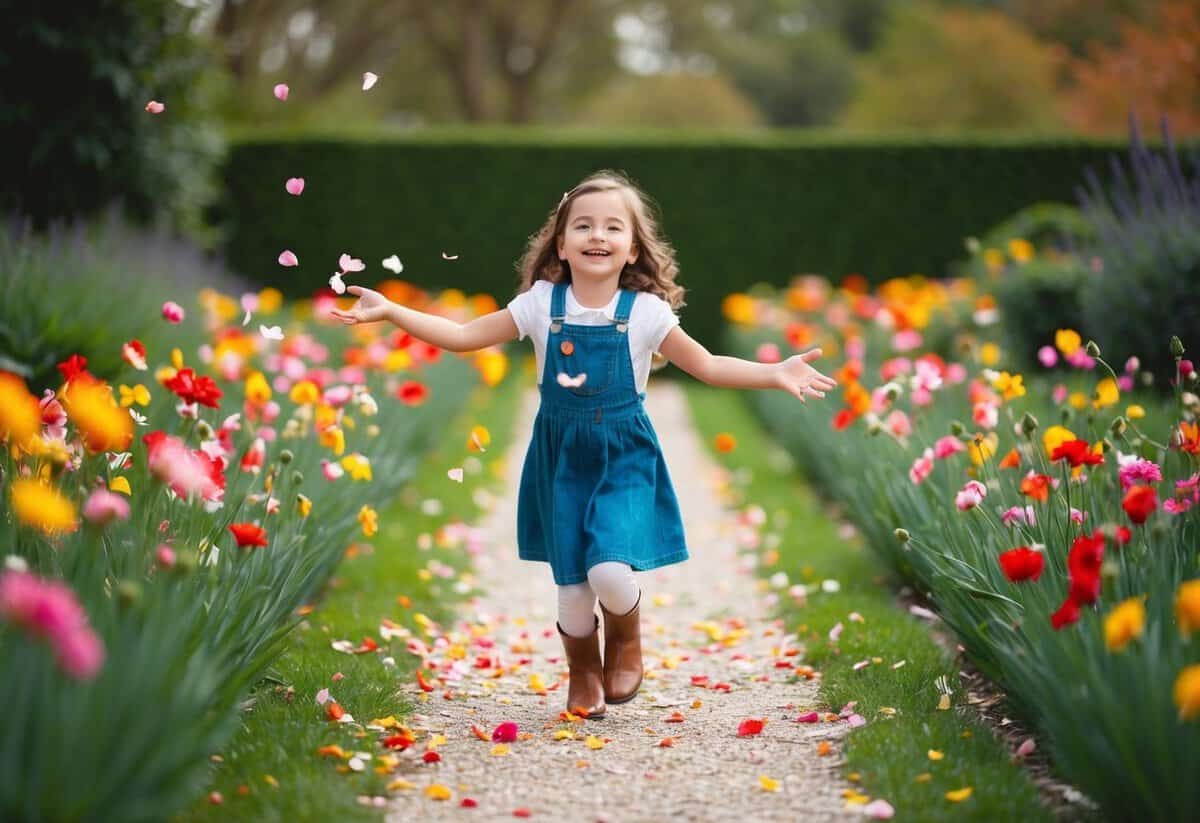 A young girl joyfully scattering flower petals down a garden path