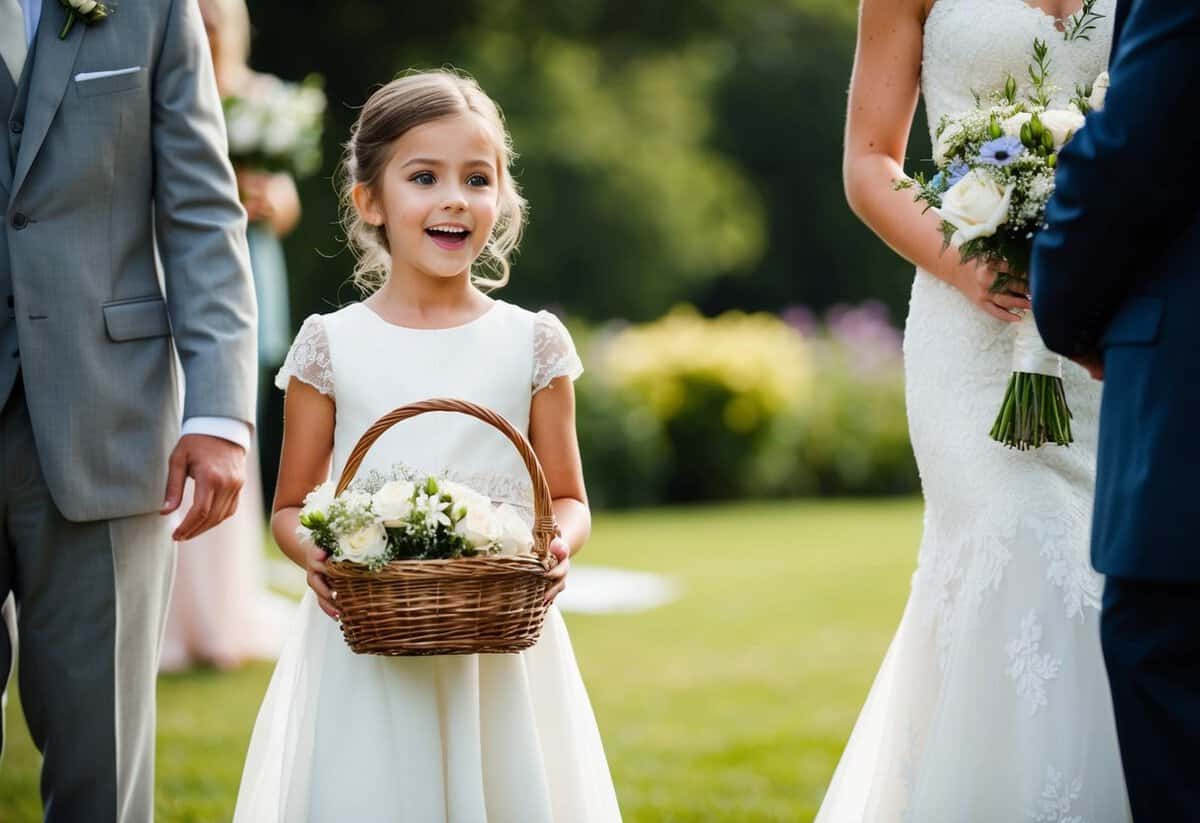 A young girl in a white dress holds a basket of flowers, standing next to a bride. She looks excited and eager to participate in the wedding