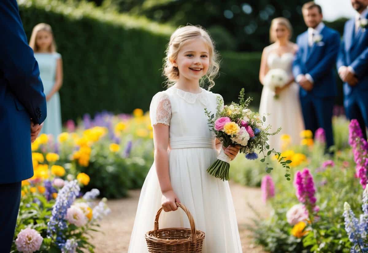 A young girl in a delicate dress holds a basket of flowers, smiling at the bride and groom. She stands in a garden surrounded by colorful blooms