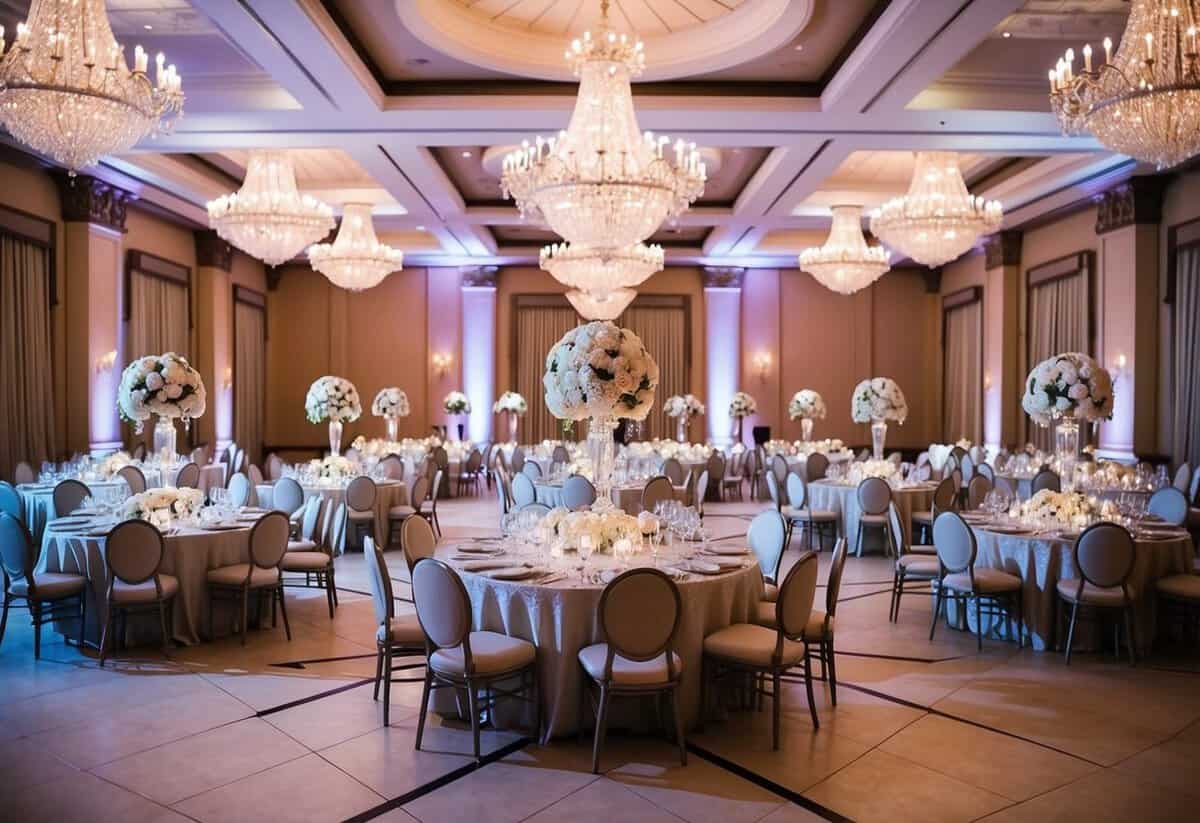 A lavish wedding reception in a grand ballroom with elegant decor, a spacious dance floor, and tables set with fine linens and floral centerpieces