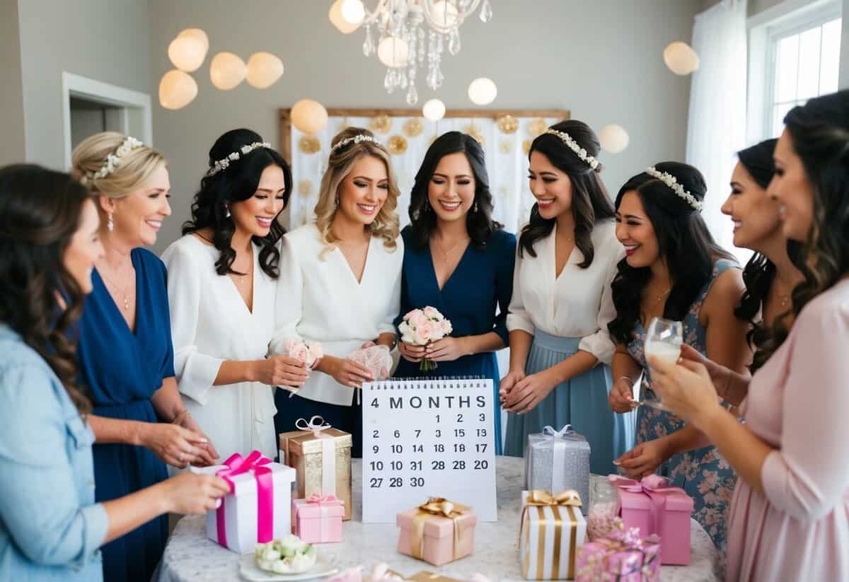 A group of women gather around a table filled with bridal shower decorations, gifts, and a calendar showing the wedding date 4 months away