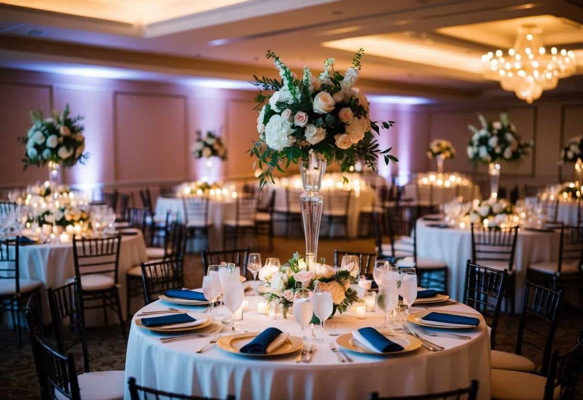 A beautifully decorated wedding reception venue with elegant table settings, floral centerpieces, and ambient lighting, creating a warm and inviting atmosphere for guests