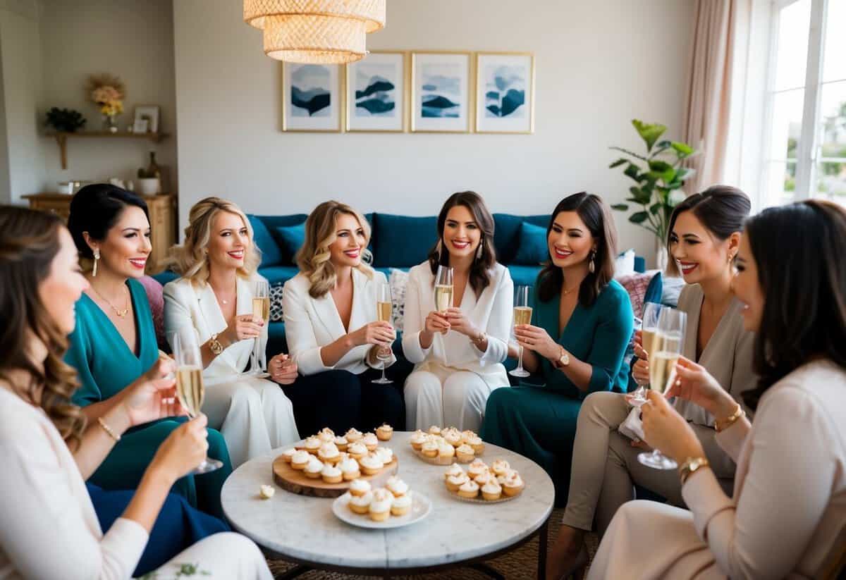 A group of women gather in a cozy living room, sipping on champagne and nibbling on delicate pastries as they discuss wedding plans and play bridal shower games