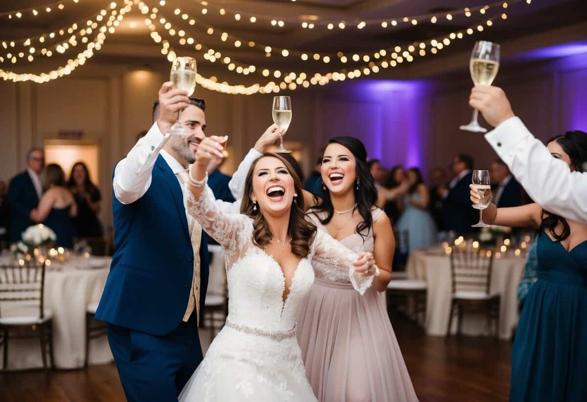 A joyful wedding reception with dancing, toasting, and laughter under twinkling lights in a decorated banquet hall