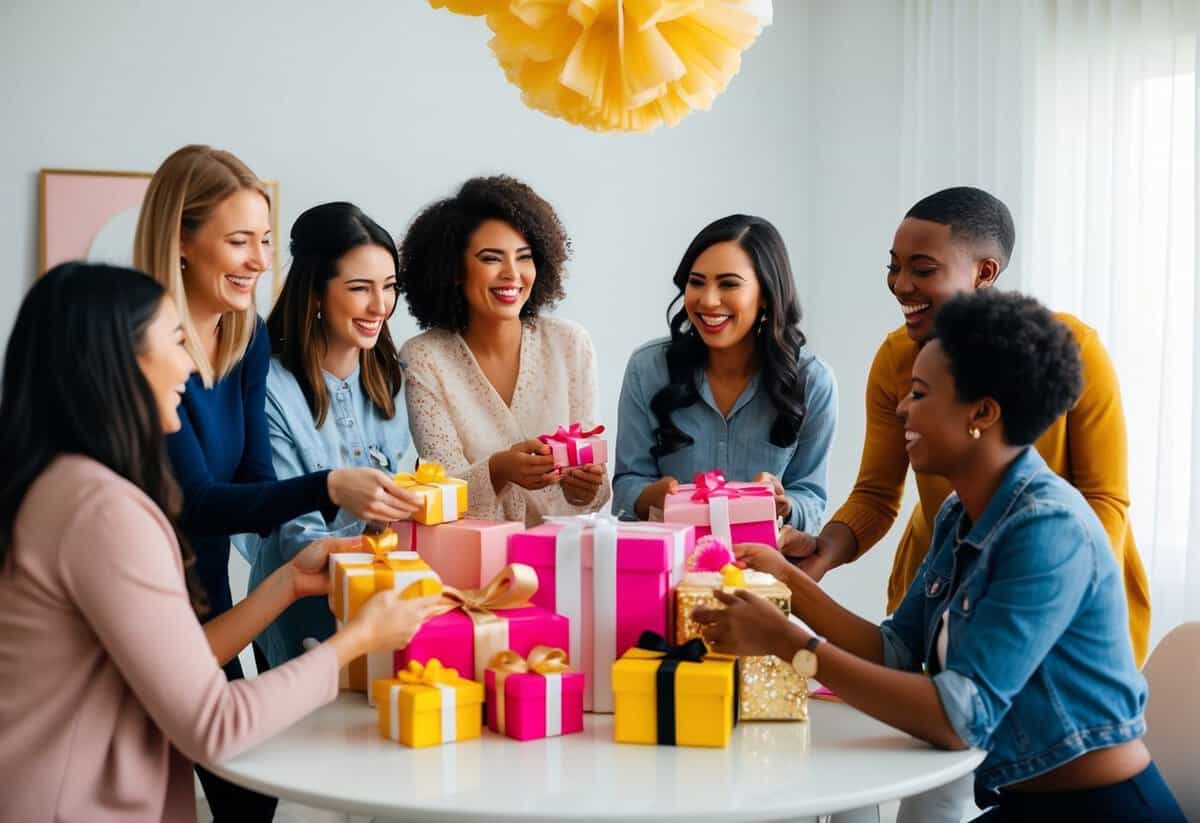 A group of friends gathered around a table, passing gifts and laughing at a bridal shower
