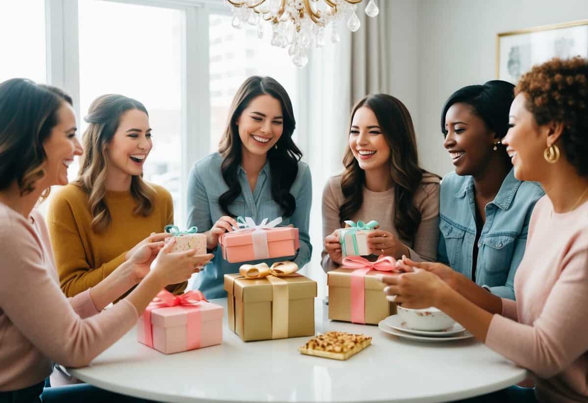 A group of friends gather around a table, exchanging gifts and sharing laughter at a bridal shower