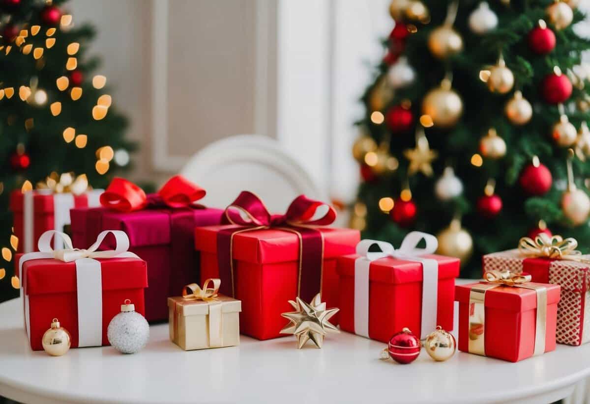 A table set with gifts and decorations, with a chair left empty