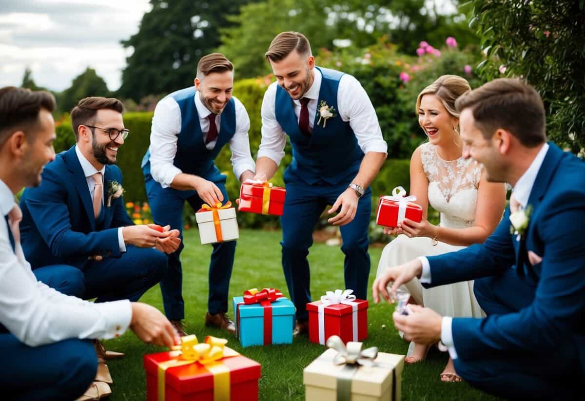 A group of men and women gather in a garden, playing games and opening gifts. Laughter fills the air as the couple celebrates their upcoming wedding
