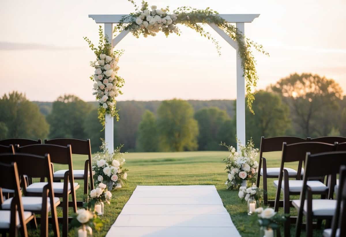 A serene outdoor wedding setting with a simple arch, blooming flowers, and soft lighting