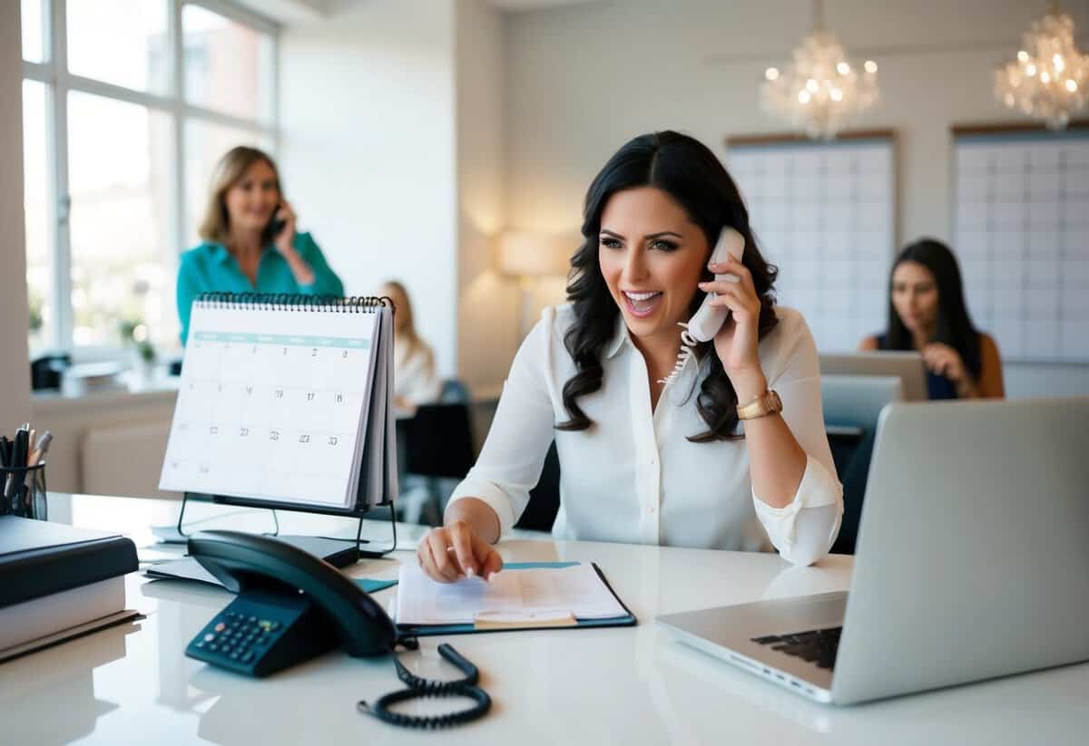 A bustling wedding planner's office with a calendar, laptop, and phone. The planner is frantically making calls and typing emails