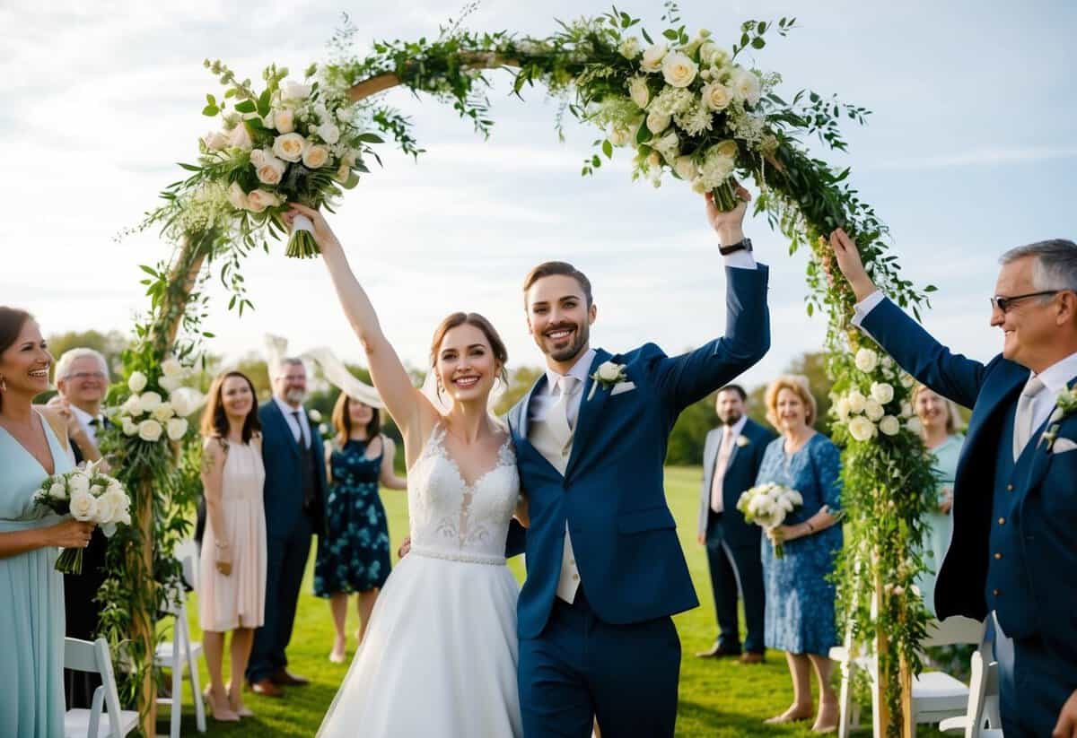 A bride and groom happily celebrate under a simple yet elegant wedding arch adorned with fresh flowers, surrounded by friends and family