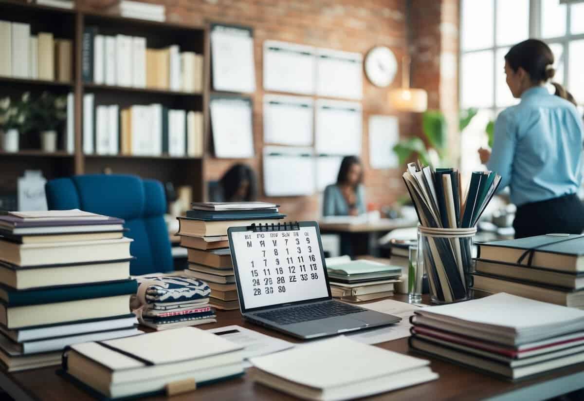 A bustling wedding planner's office, filled with books, fabric swatches, and a calendar marked with urgent deadlines