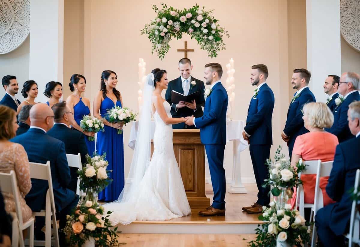 A bride and groom exchange vows at an altar while guests look on. Flowers and decorations adorn the ceremony space
