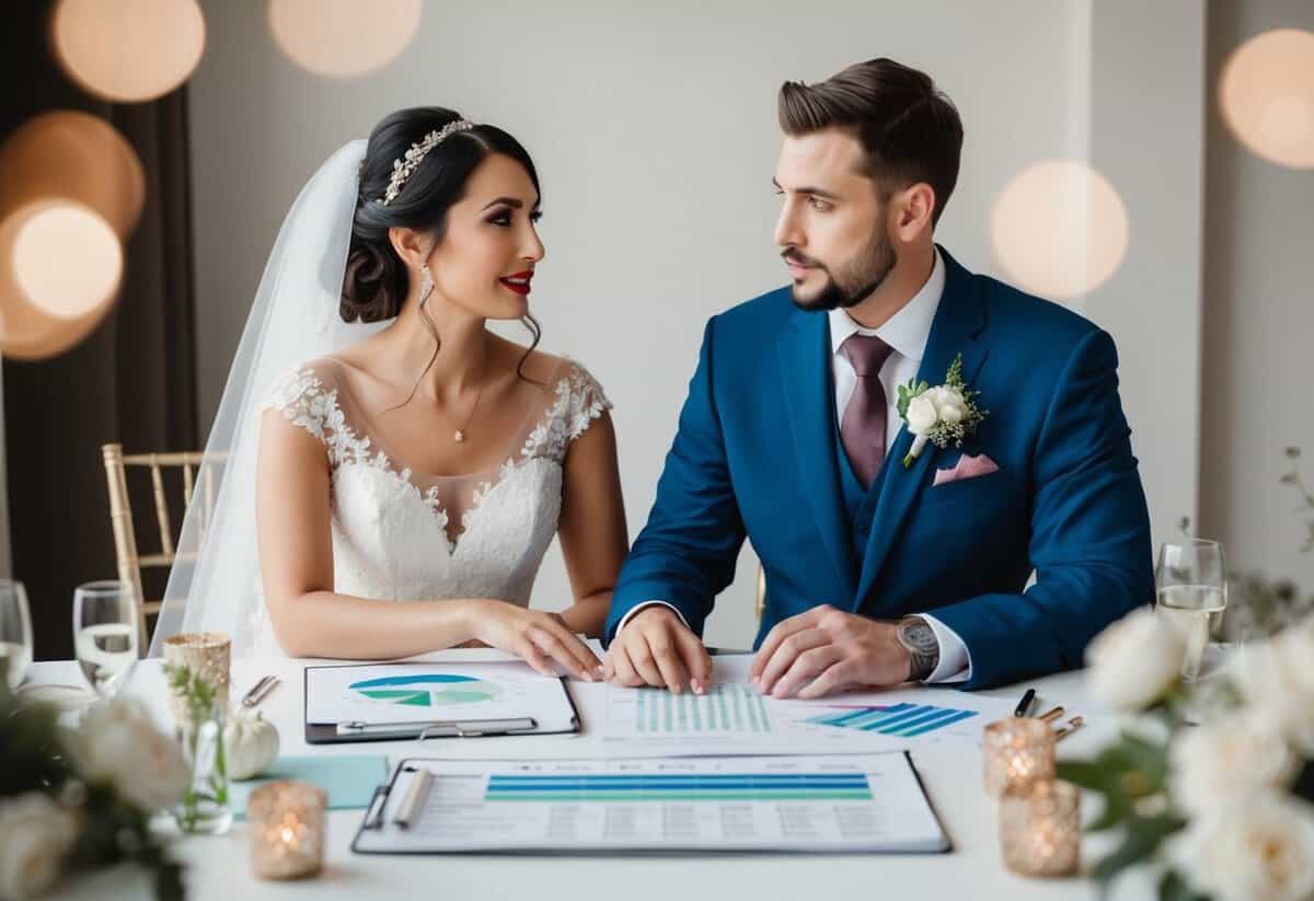 A bride and groom sitting at a table, surrounded by wedding decor and a budget spreadsheet. They are discussing additional expenses and final touches for their wedding
