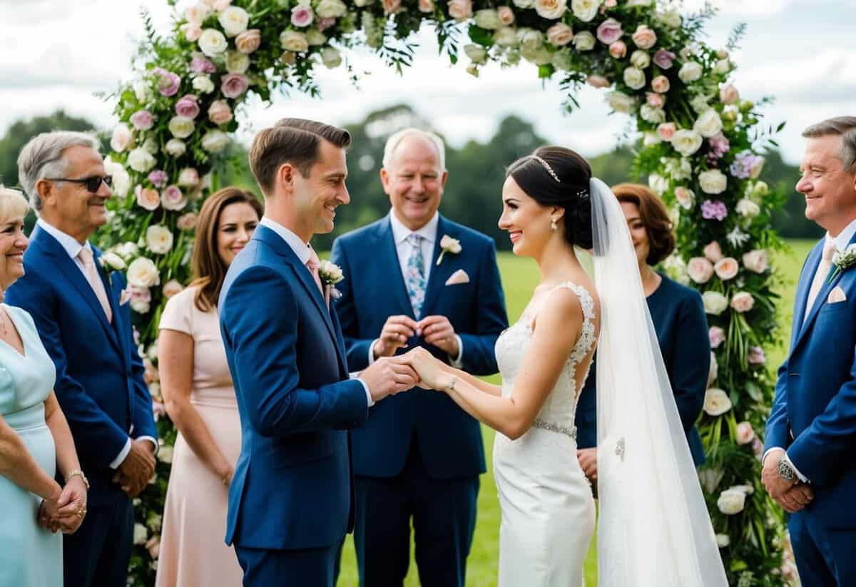 A bride and groom exchange rings under a floral arch, surrounded by family and friends in formal attire